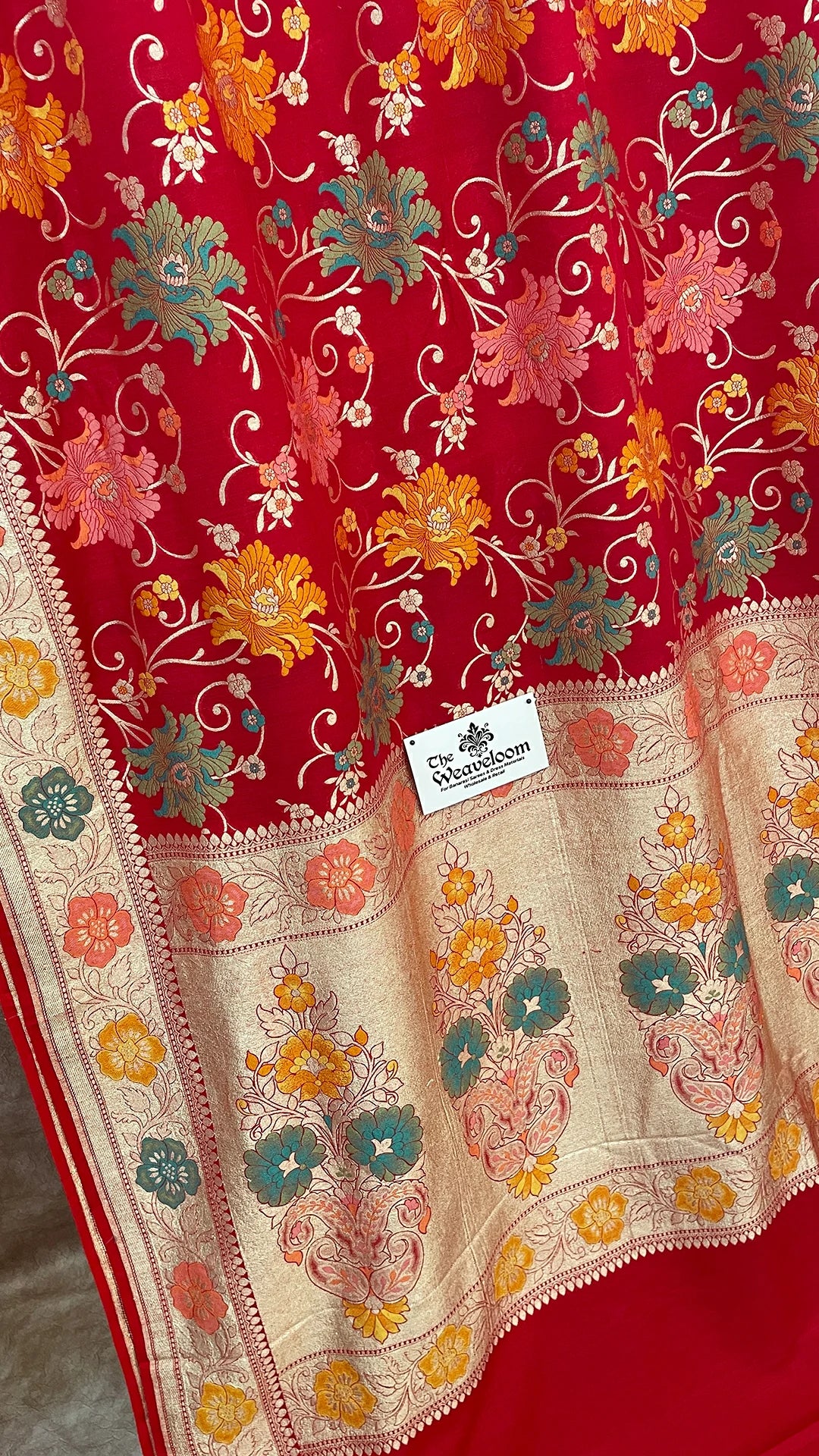 Crimson Red Pure Munga Silk Banarasi Saree with Floral Meenakari Jaal and Zari Border by The Weaveloom