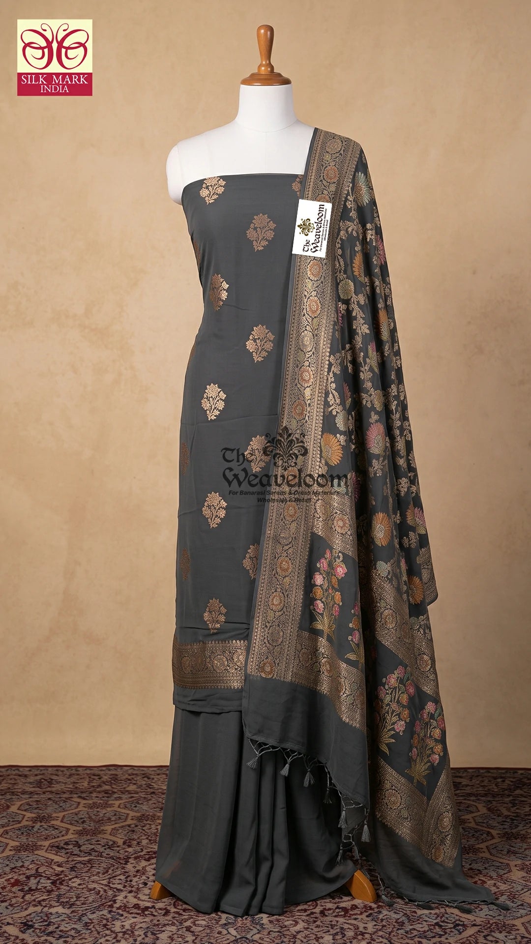 Dark Grey Floral Buti Khaddi Georgette Pure Banarasi Dress Material with Handbrushed Dupatta - The Weaveloom