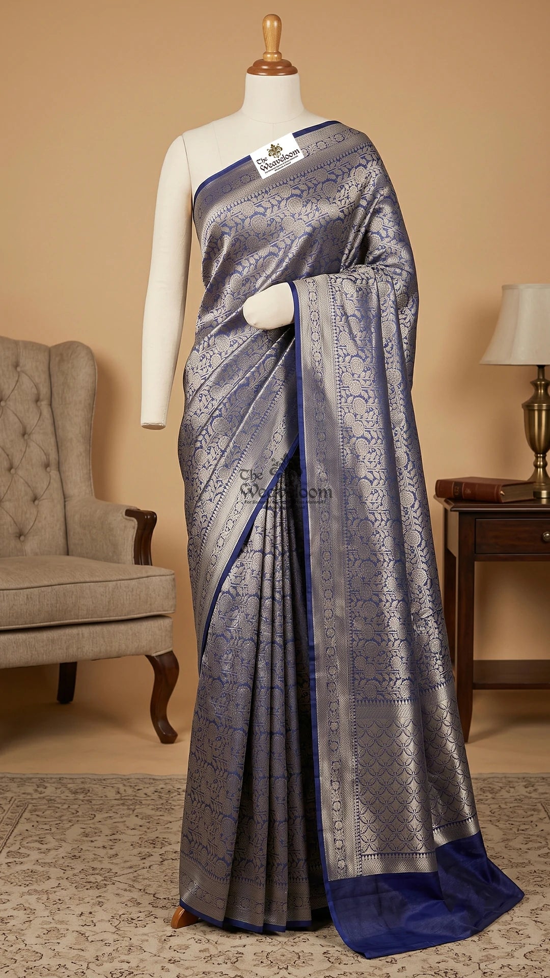 Deep purple rose motif brocade pure tissue silk Banarasi saree by The Weaveloom