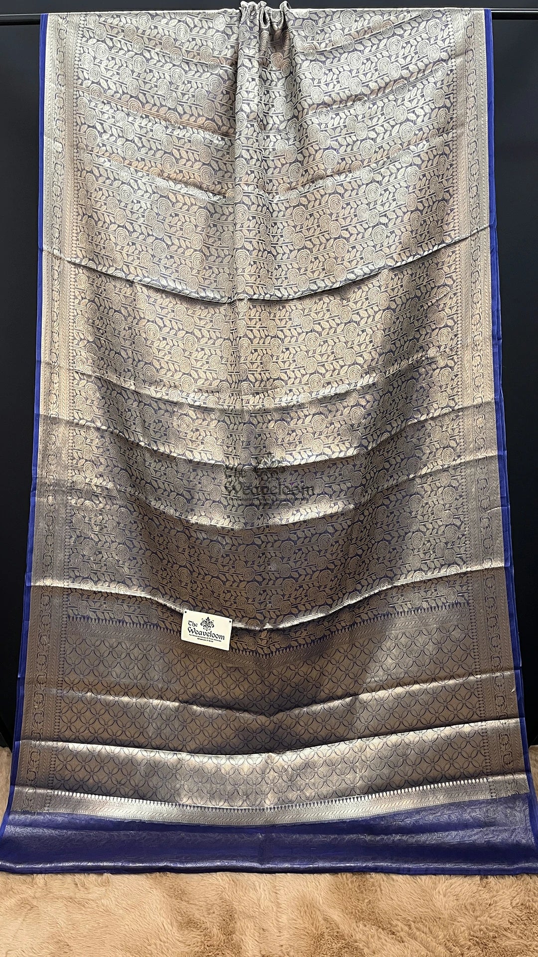 Deep purple rose motif brocade pure tissue silk Banarasi saree by The Weaveloom