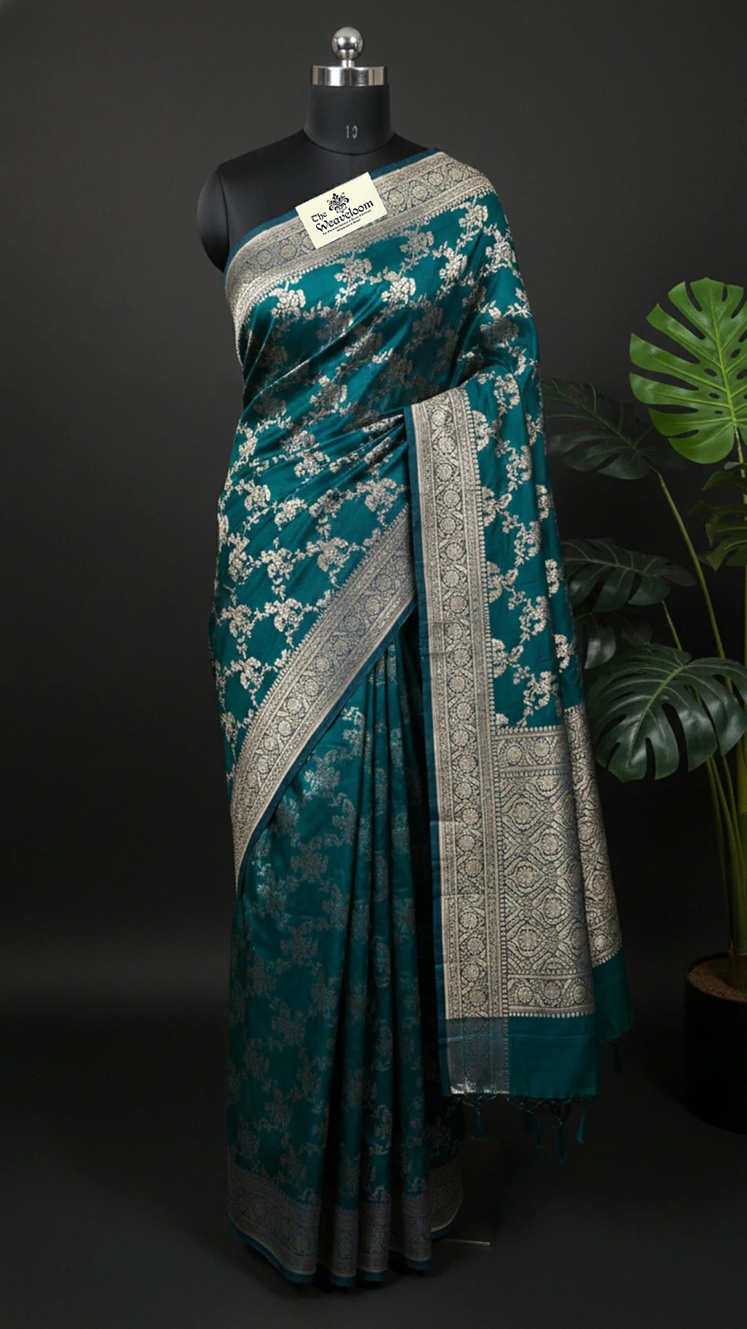 Dual Tone Green Pure Katan Silk Banarasi Saree with Silver Zari Jangla Jaal Work by The Weaveloom