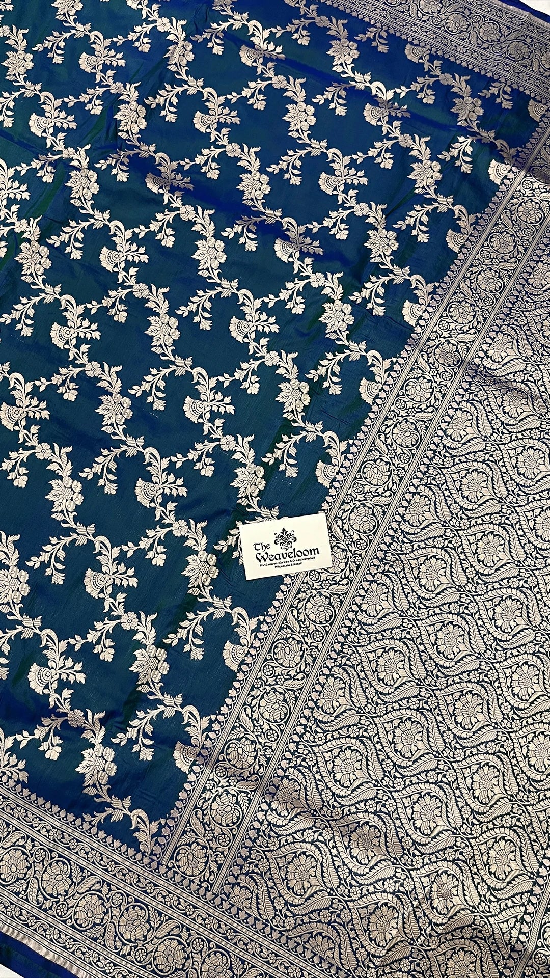 Dual Tone Green Pure Katan Silk Banarasi Saree with Silver Zari Jangla Jaal Work by The Weaveloom
