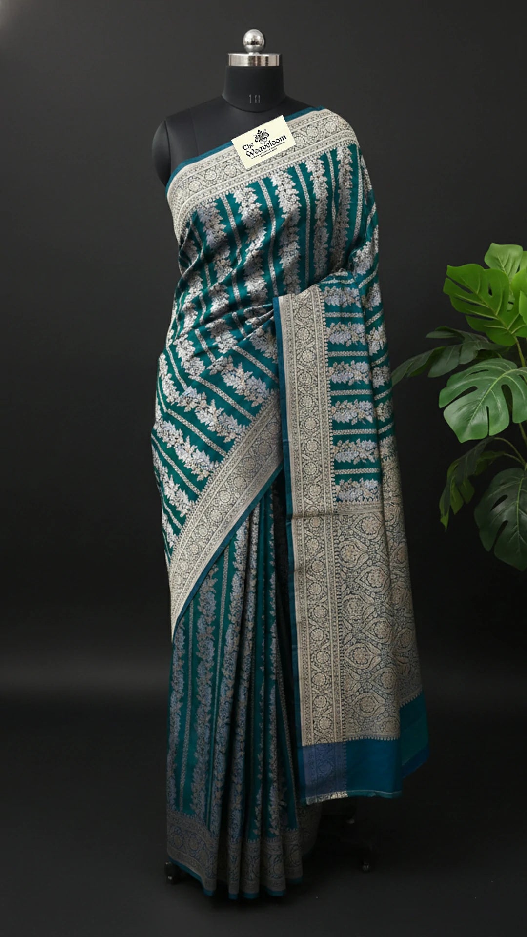 Dual Tone Green Pure Katan Silk Sona Rupa Zari Stripes Pure Banarasi Saree With Silver Border by The Weaveloom