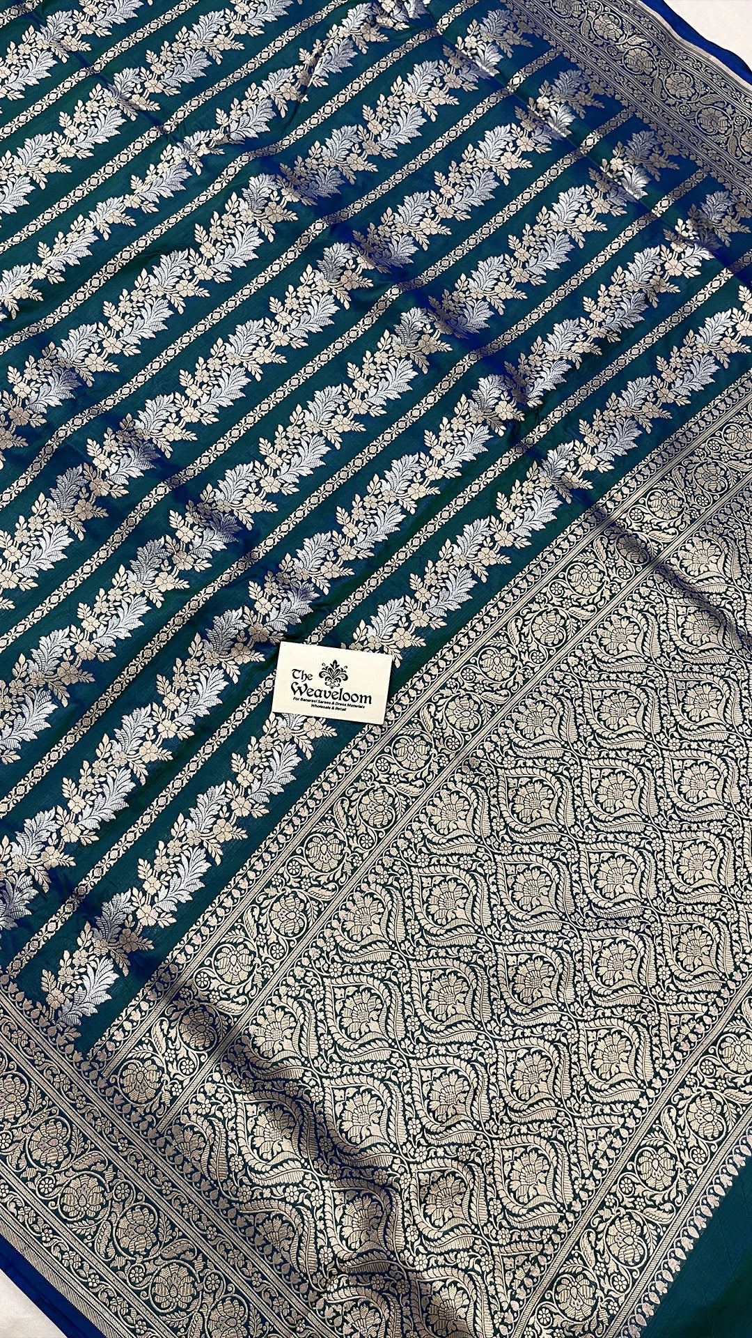 Dual Tone Green Pure Katan Silk Sona Rupa Zari Stripes Pure Banarasi Saree With Silver Border by The Weaveloom