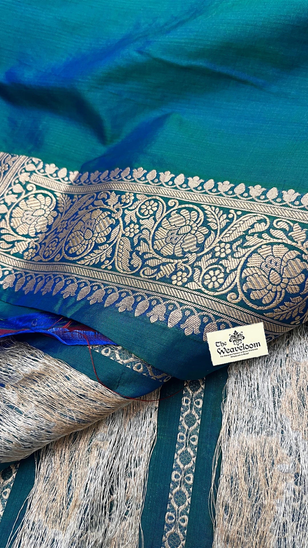 Dual Tone Green Pure Katan Silk Sona Rupa Zari Stripes Pure Banarasi Saree With Silver Border by The Weaveloom