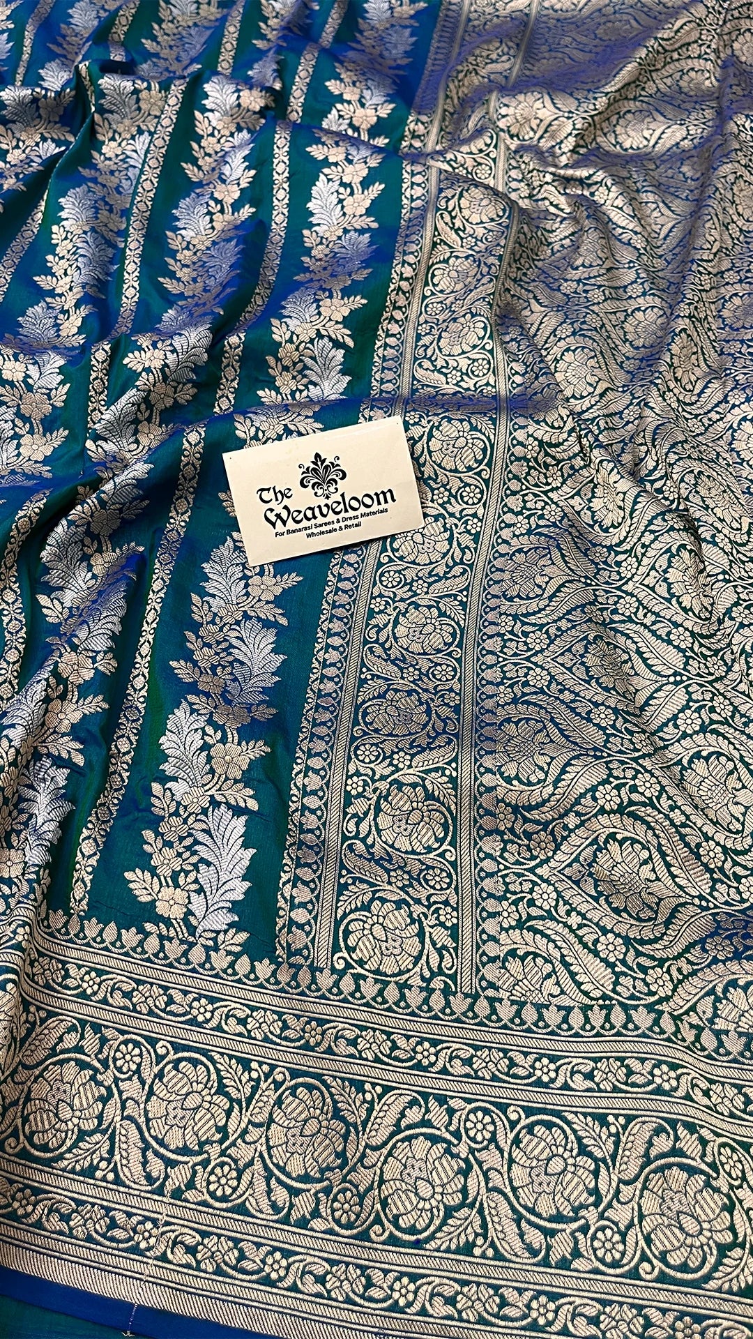 Dual Tone Green Pure Katan Silk Sona Rupa Zari Stripes Pure Banarasi Saree With Silver Border by The Weaveloom