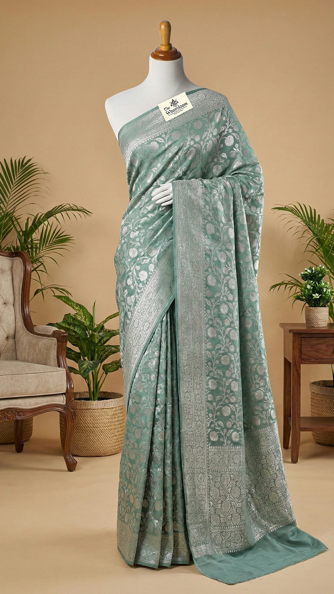 Dusty Green Khaddi Georgette Pure Banarasi Saree Silver Zari Floral Jaal by The Weaveloom