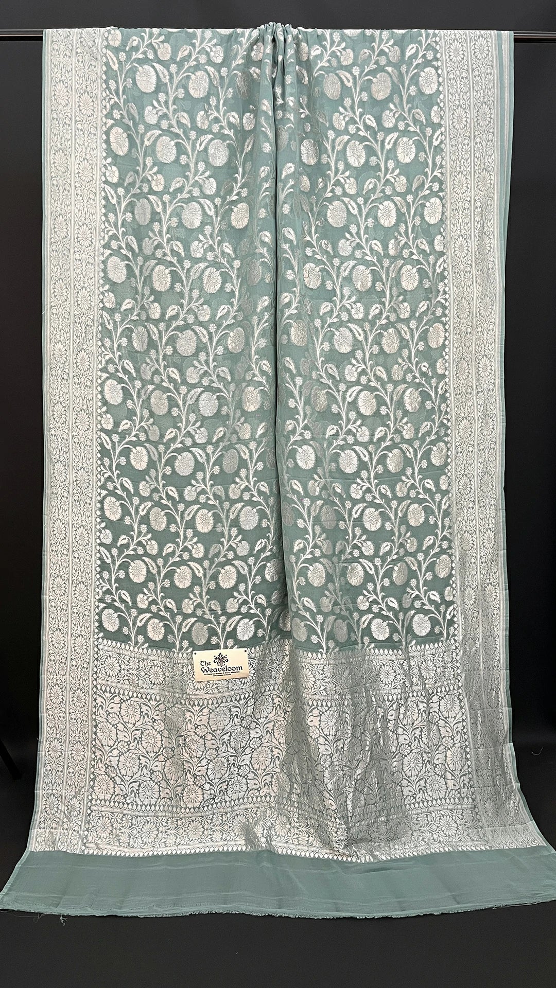 Dusty Green Khaddi Georgette Pure Banarasi Saree Silver Zari Floral Jaal by The Weaveloom