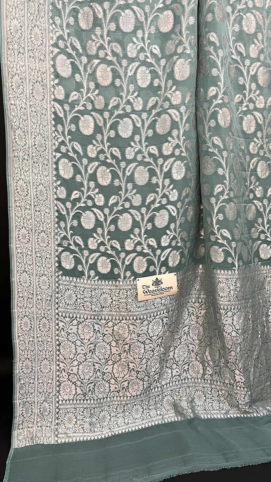 Dusty Green Khaddi Georgette Pure Banarasi Saree Silver Zari Floral Jaal by The Weaveloom