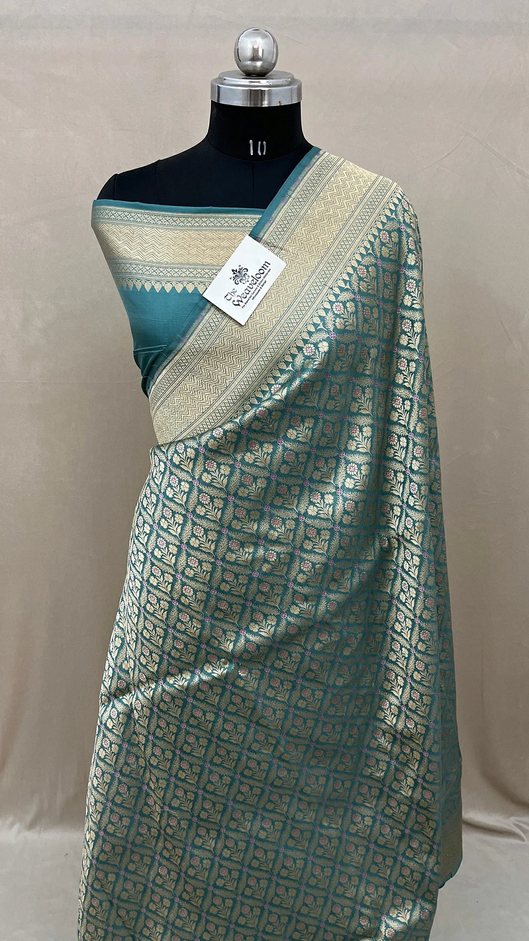 Dusty Green Pure Katan Silk Banarasi Saree with Meenakari Work by The Weaveloom