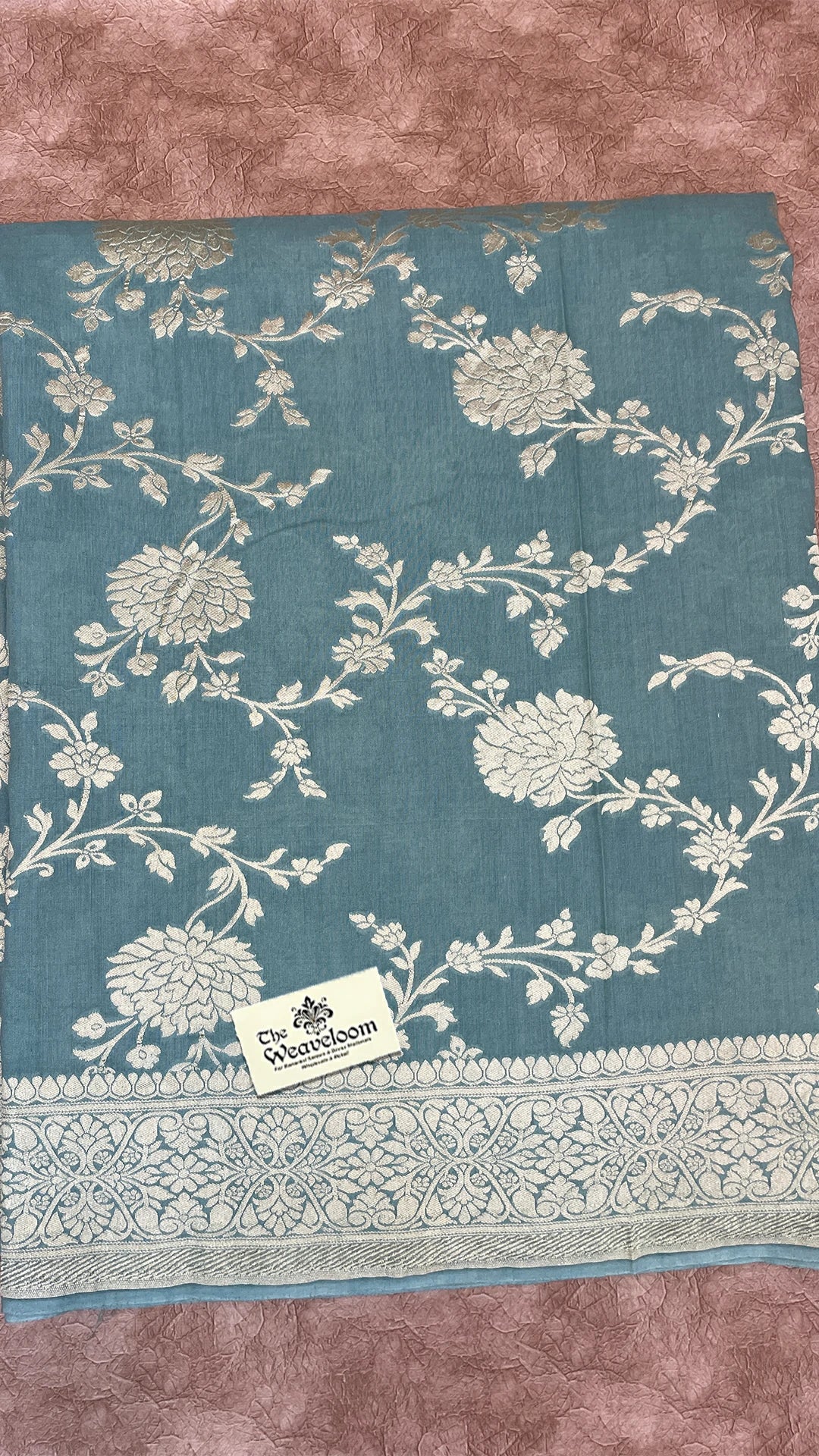 Dusty Green Pure Munga Silk Banarasi Saree with Elegant Floral Jaal Work by The Weaveloom