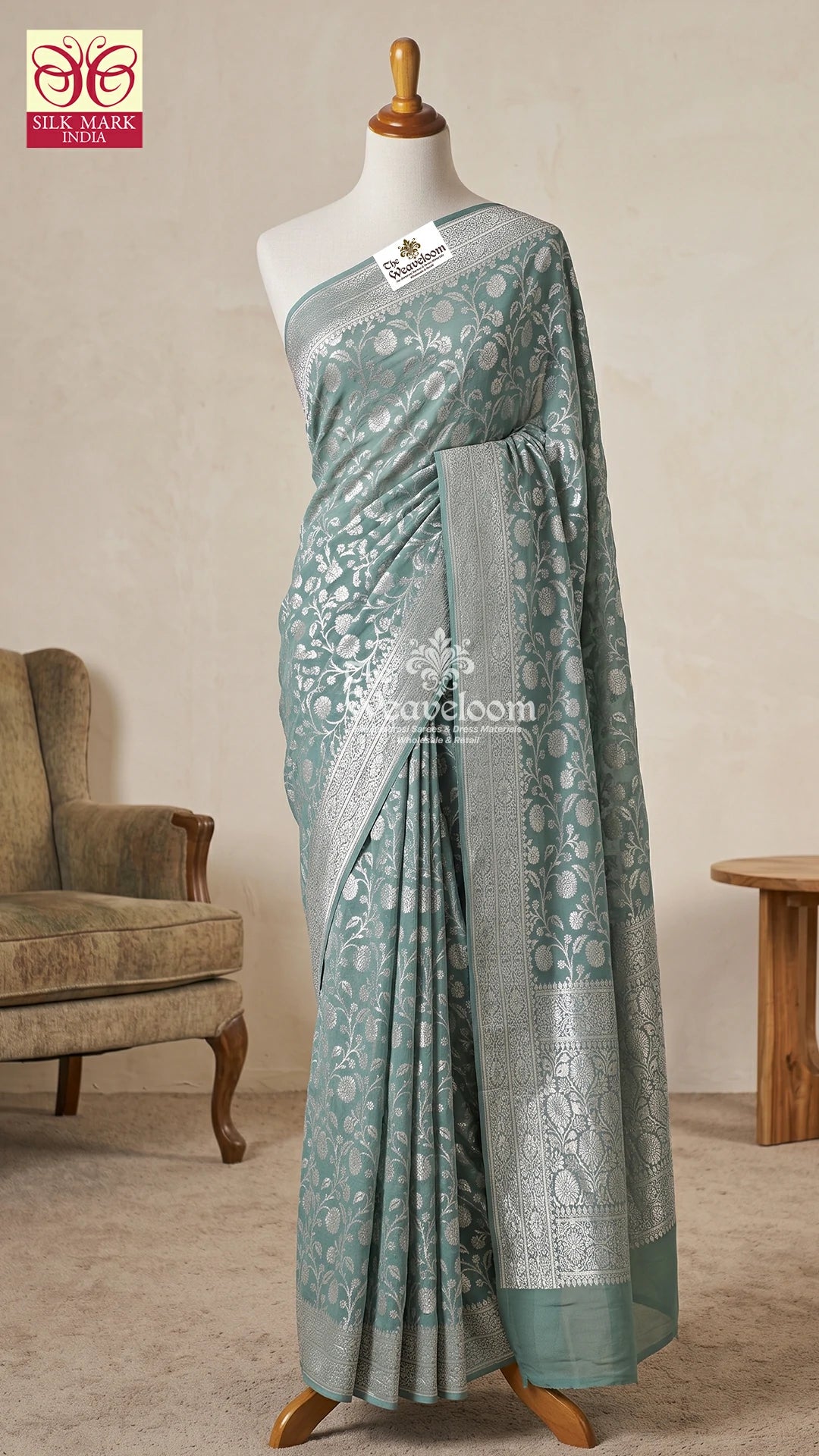 Dusty Green Silver Zari Floral Jaal Khaddi Georgette Pure Banarasi Saree by The Weaveloom
