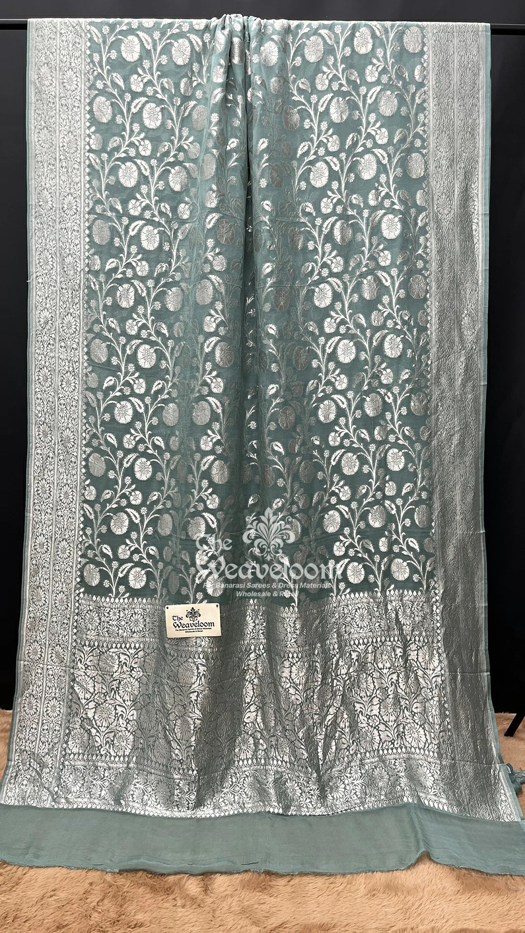Dusty Green Silver Zari Floral Jaal Khaddi Georgette Pure Banarasi Saree by The Weaveloom