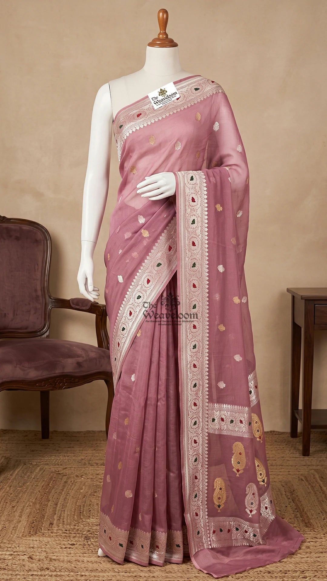 Dusty Rose Paisley Pallu Tissue Georgette Handloom Banarasi Saree by The Weaveloom
