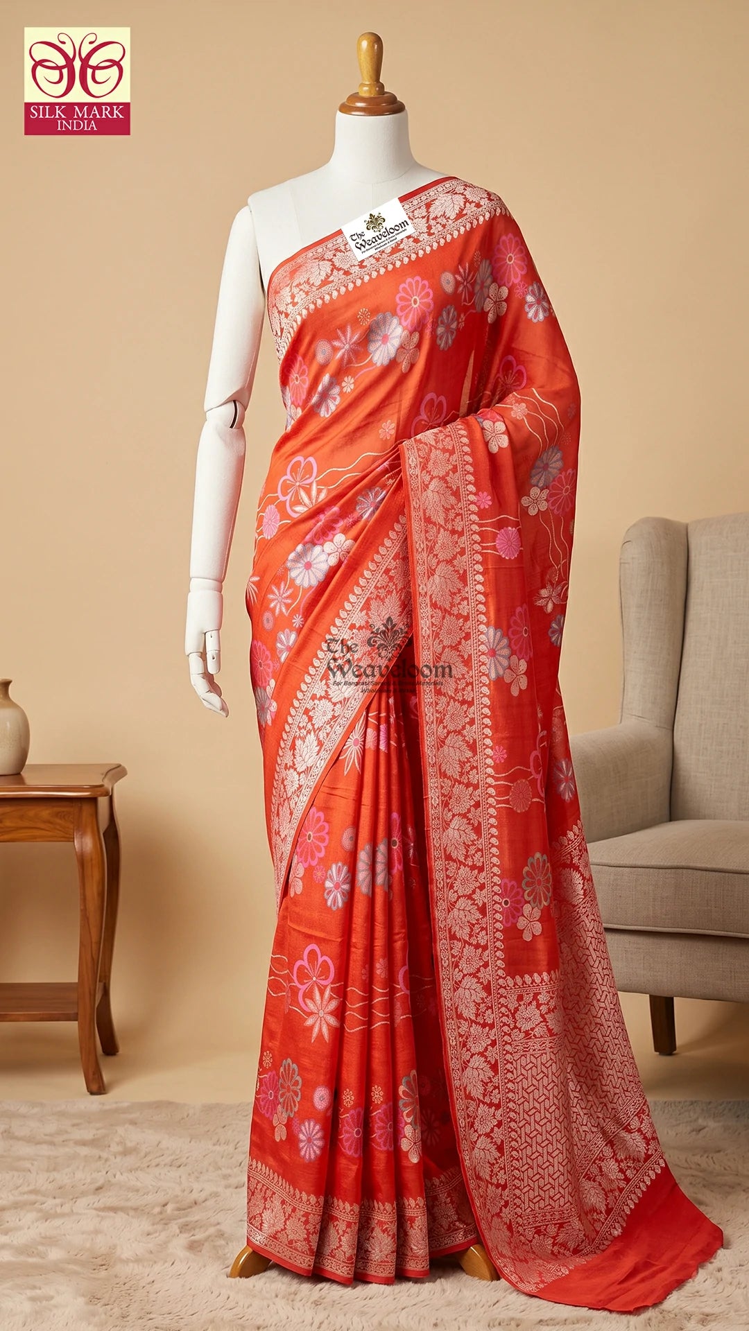 Fanta orange Meenakari floral pure Tussar Georgette Banarasi saree by The Weaveloom