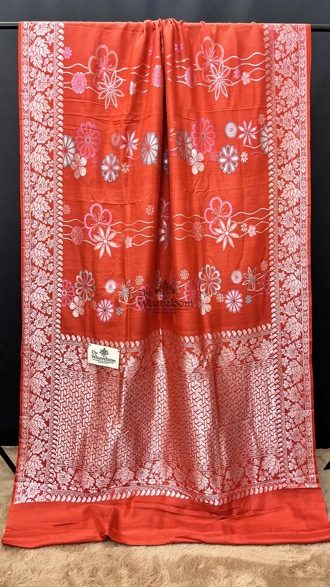 Fanta orange Meenakari floral pure Tussar Georgette Banarasi saree by The Weaveloom
