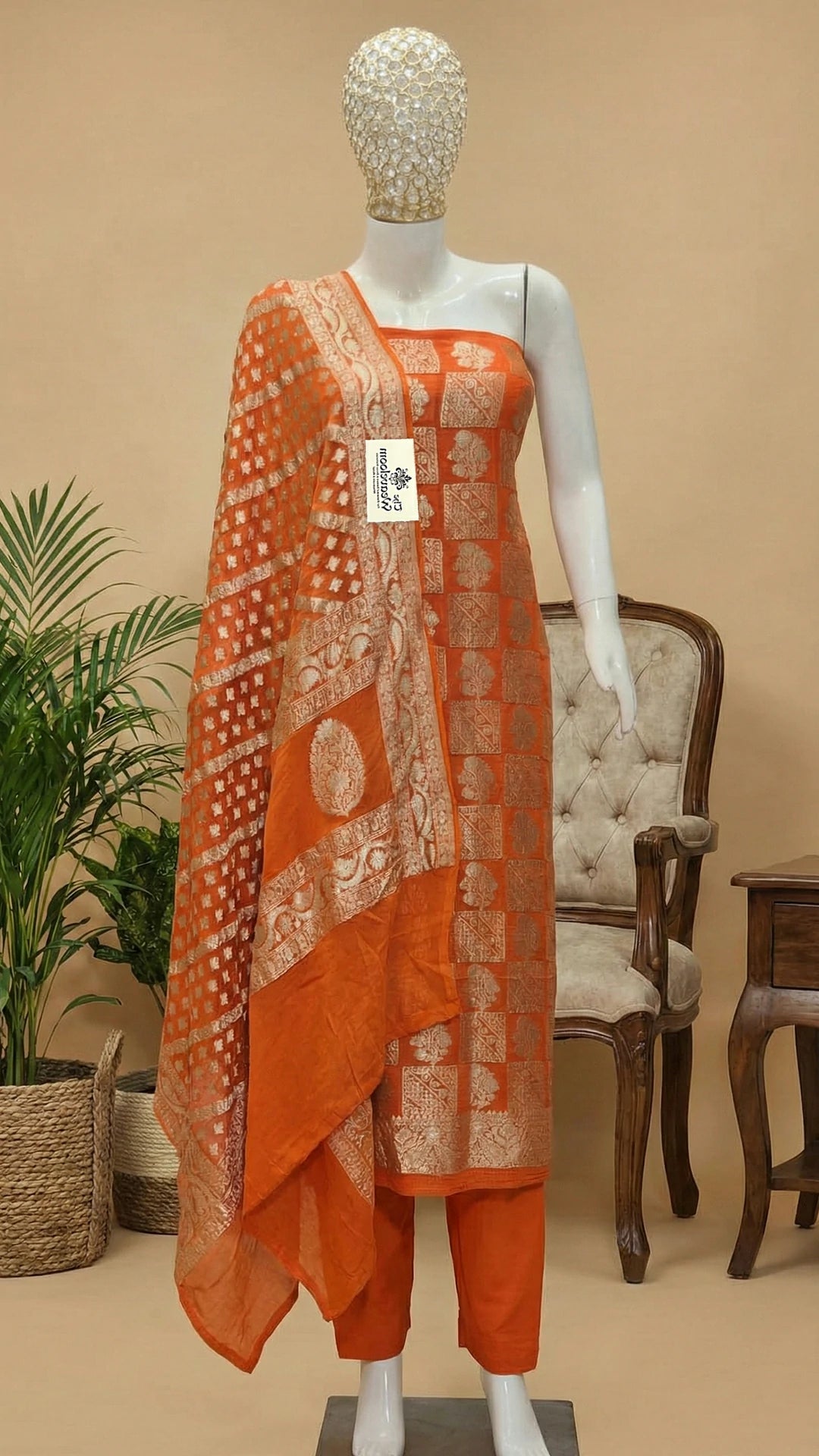 Fanta Orange Pure Khaddi Georgette Banarasi Dress Material with Water Zari by The Weaveloom