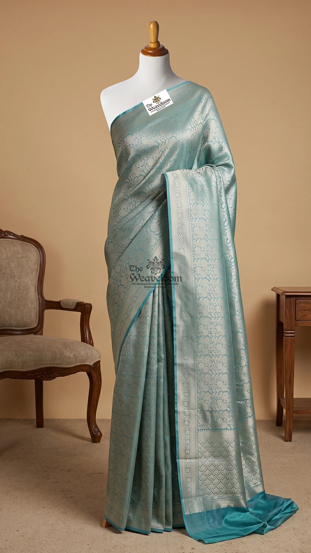 Firozi Blue Floral Brocade Tissue Silk Pure Banarasi Saree by The Weaveloom