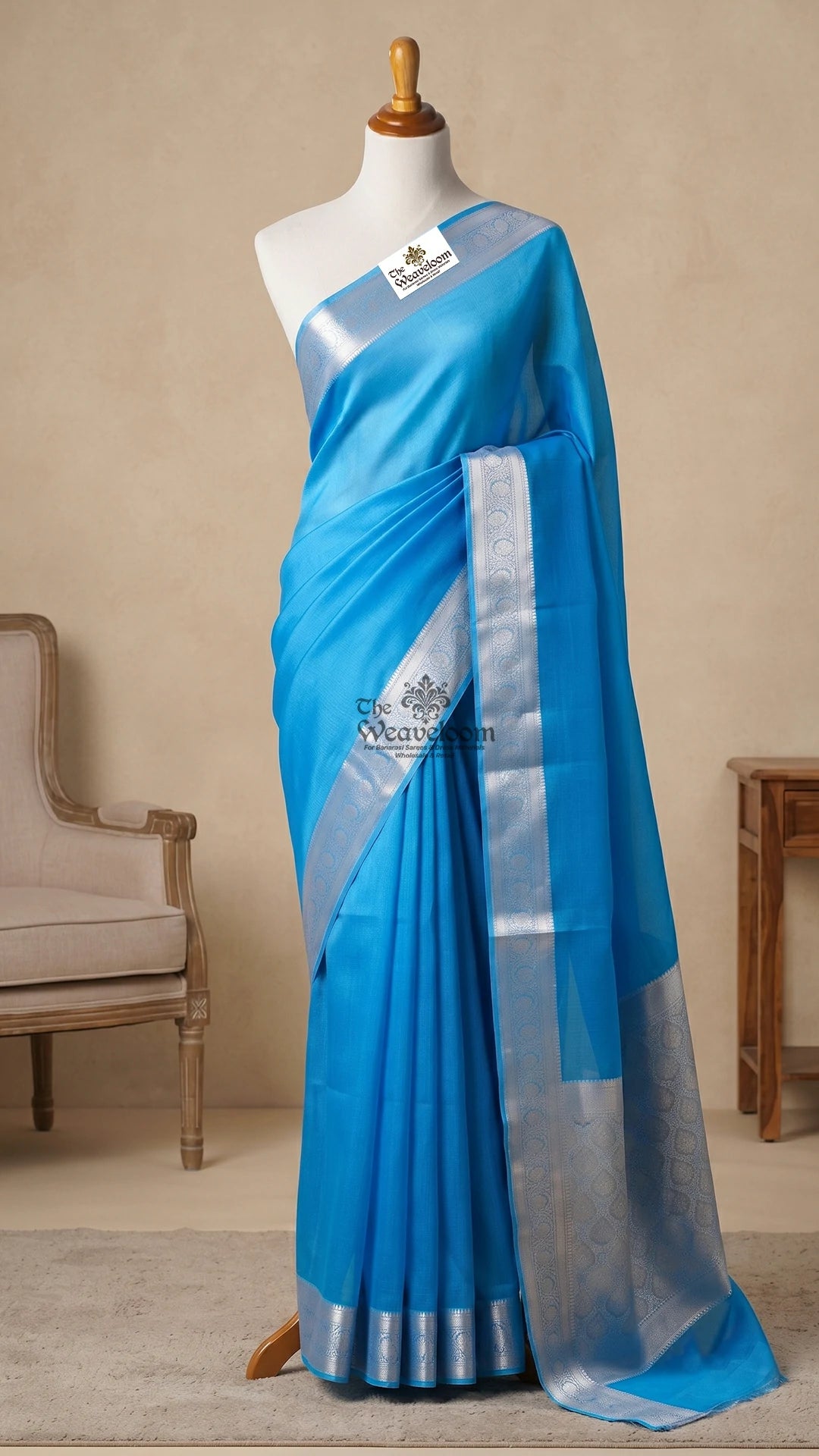 Firozi blue pure kora silk Banarasi saree with floral border by The Weaveloom