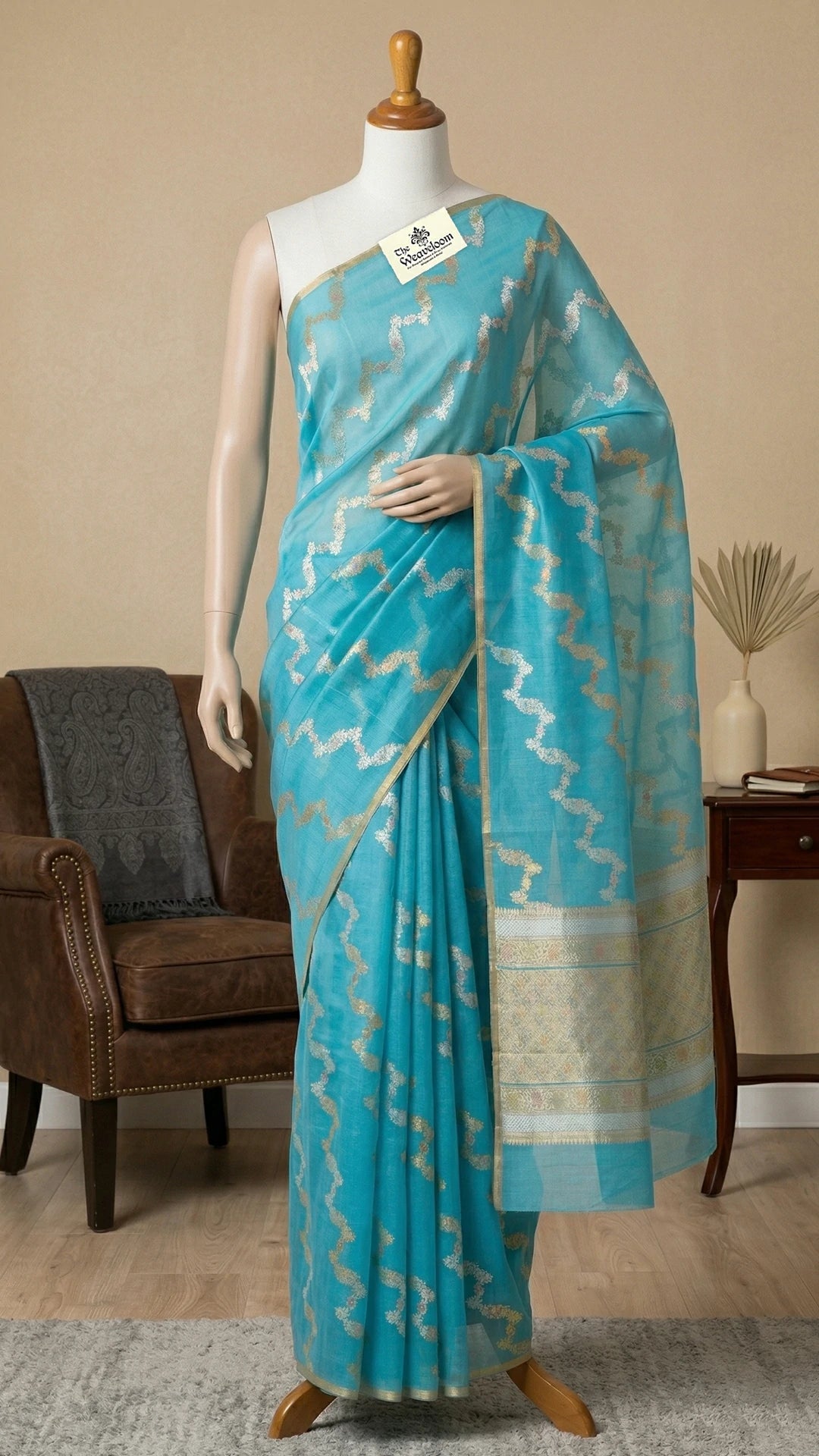 Firozi Blue Kora Silk Banarasi Saree with Sona Rupa Zari Wave Pattern by The Weaveloom