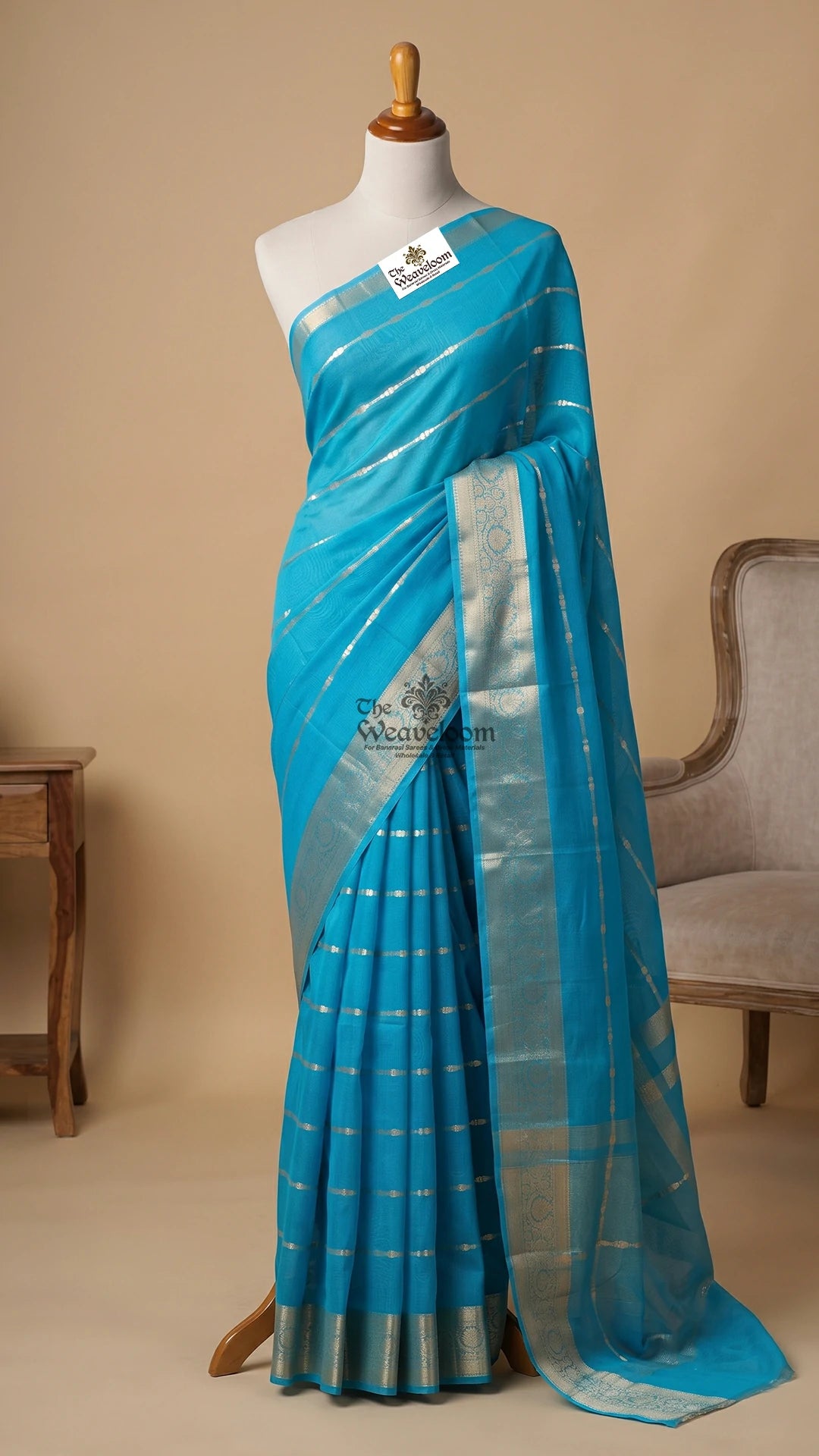 Firozi Blue Kora Silk Vertical Zari Stripe Pure Banarasi Saree