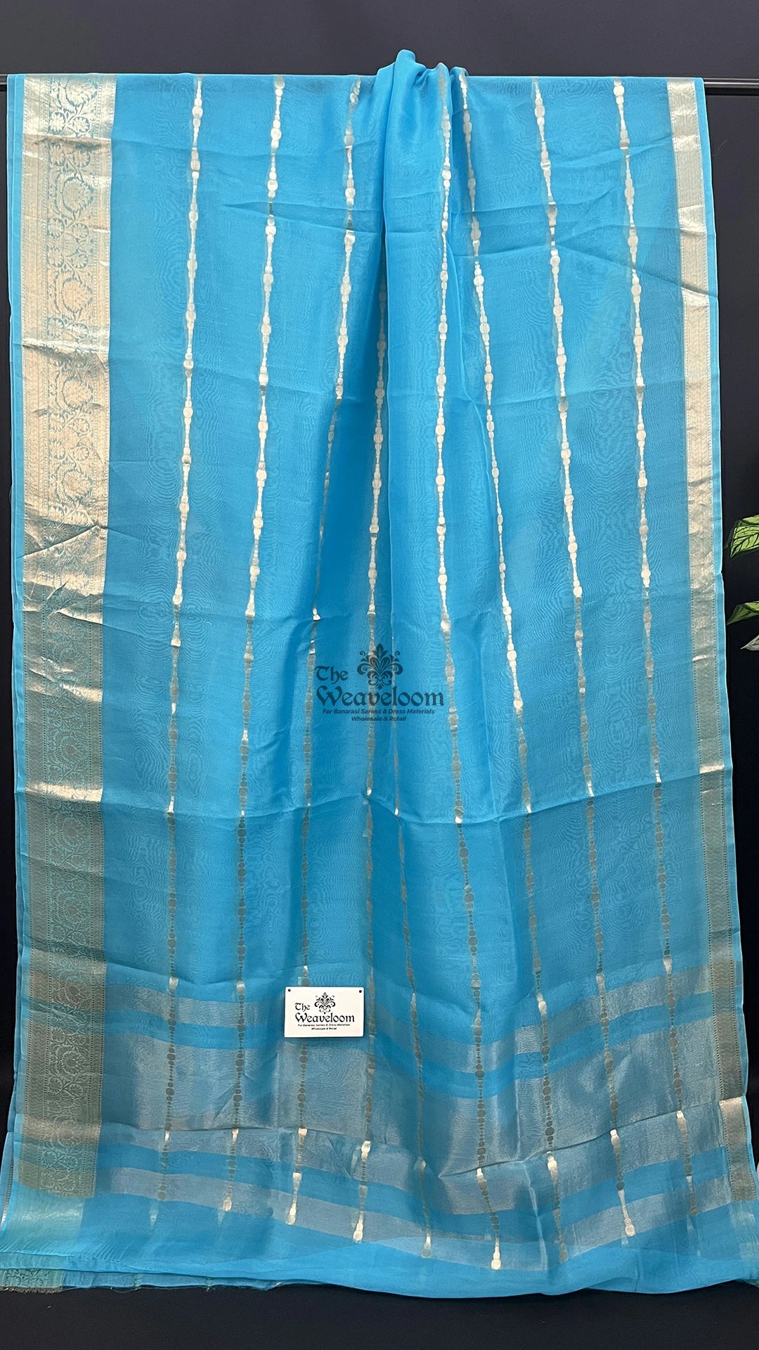 Firozi Blue Kora Silk Vertical Zari Stripe Pure Banarasi Saree