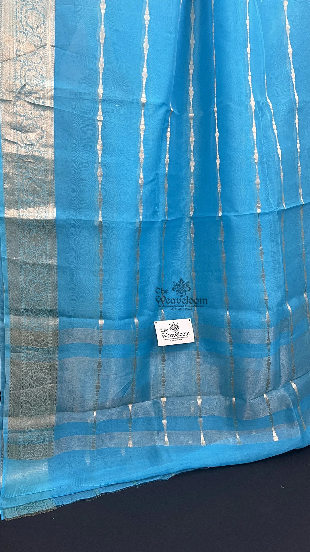 Firozi Blue Kora Silk Vertical Zari Stripe Pure Banarasi Saree