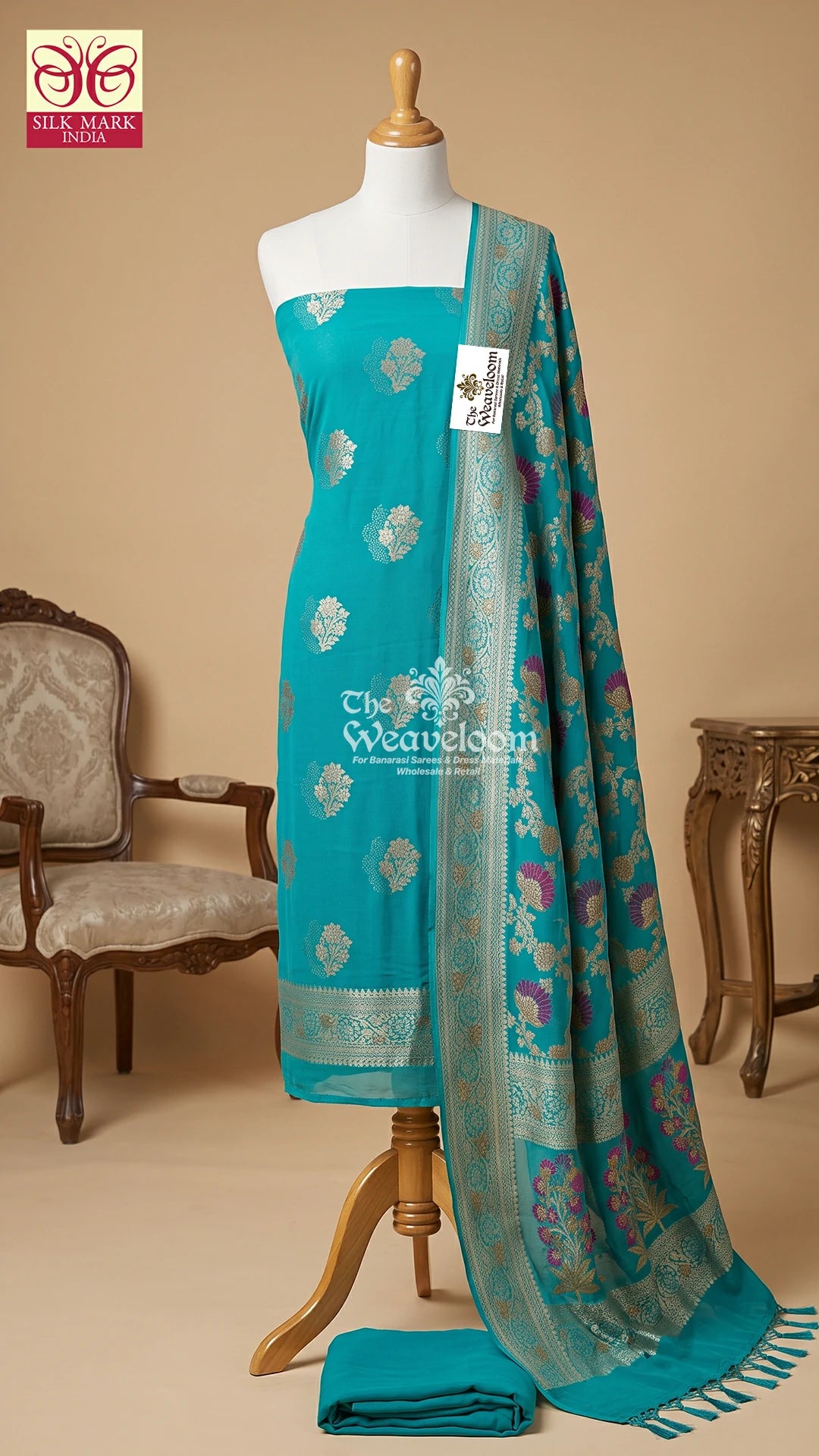 Firozi Butta Khaddi Georgette Pure Banarasi Dress Material with Handbrush Work Dupatta by The Weaveloom