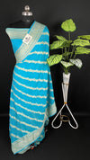 Firozi Crepe Georgette Pure Banarasi Saree Meenakari by The Weaveloom - Firozi turquoise saree with silver diagonal zari stripes and leaf-motif pallu