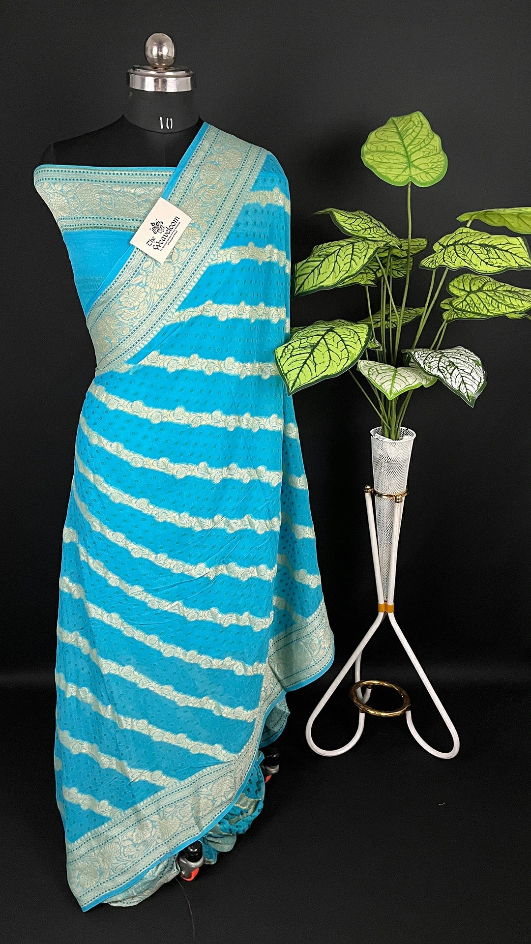Firozi Crepe Georgette Pure Banarasi Saree Meenakari by The Weaveloom - Firozi turquoise saree with silver diagonal zari stripes and leaf-motif pallu