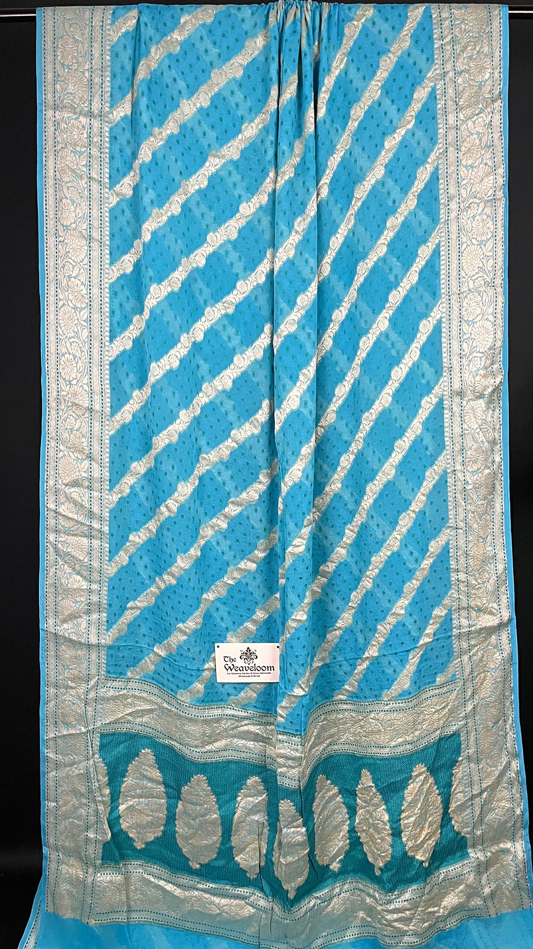 Firozi Crepe Georgette Pure Banarasi Saree Meenakari by The Weaveloom - Firozi turquoise saree with silver diagonal zari stripes and leaf-motif pallu