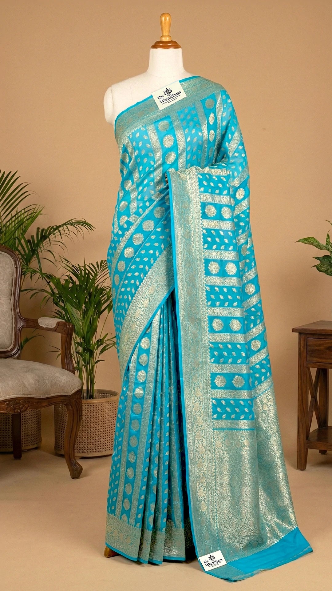 Firozi Khaddi Georgette Banarasi Saree with Silver Water Zari Striped Booti Pallu by The Weaveloom
