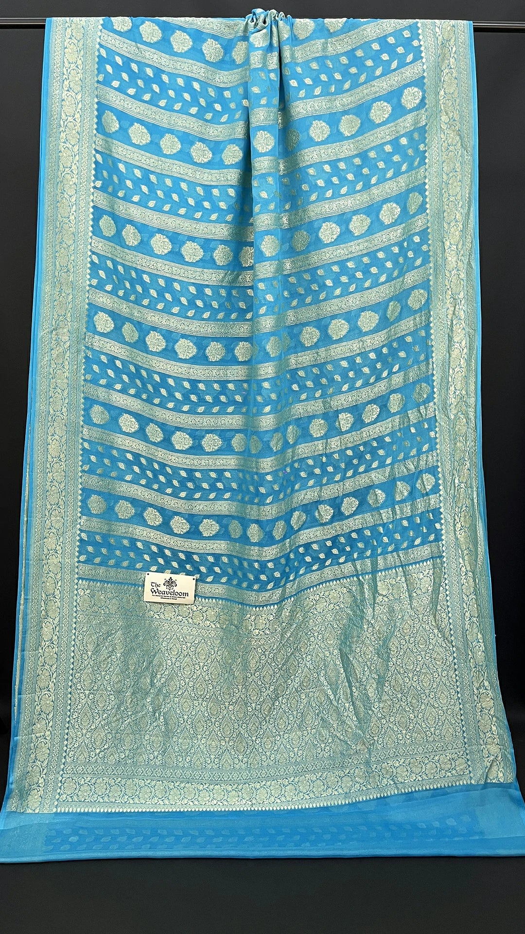 Firozi Khaddi Georgette Banarasi Saree with Silver Water Zari Striped Booti Pallu by The Weaveloom