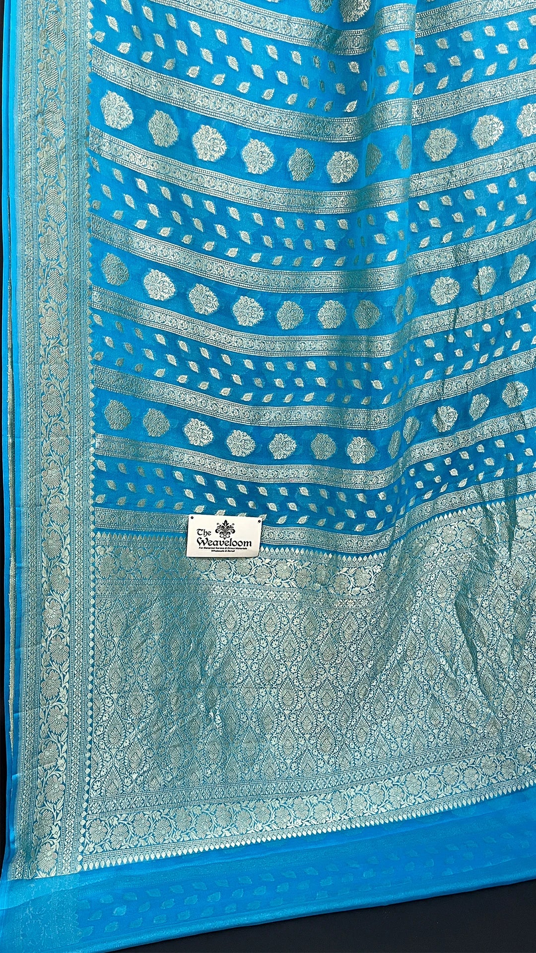 Firozi Khaddi Georgette Banarasi Saree with Silver Water Zari Striped Booti Pallu by The Weaveloom