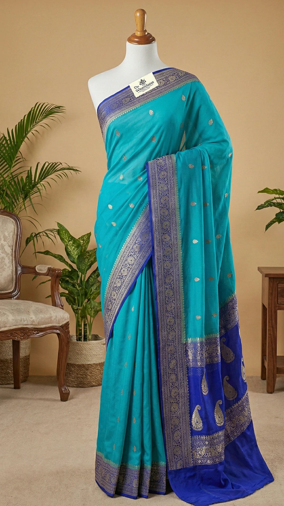 Firozi Khaddi Georgette Banarasi Saree with Silver Zari Paisley Border by The Weaveloom