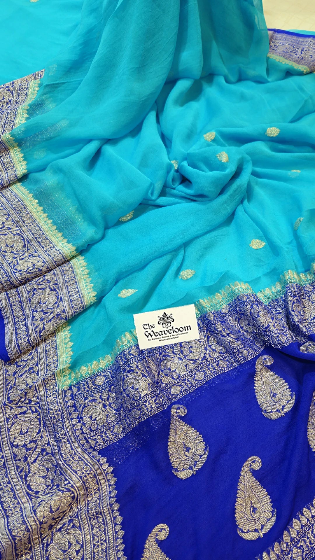 Firozi Khaddi Georgette Banarasi Saree with Silver Zari Paisley Border by The Weaveloom