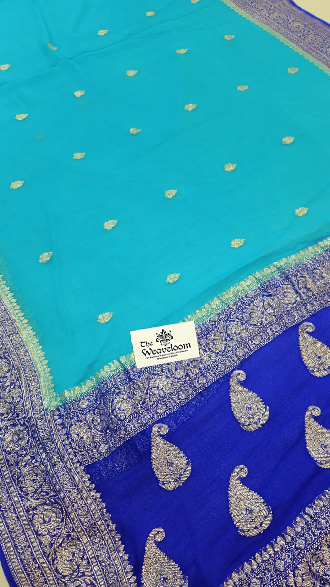 Firozi Khaddi Georgette Banarasi Saree with Silver Zari Paisley Border by The Weaveloom
