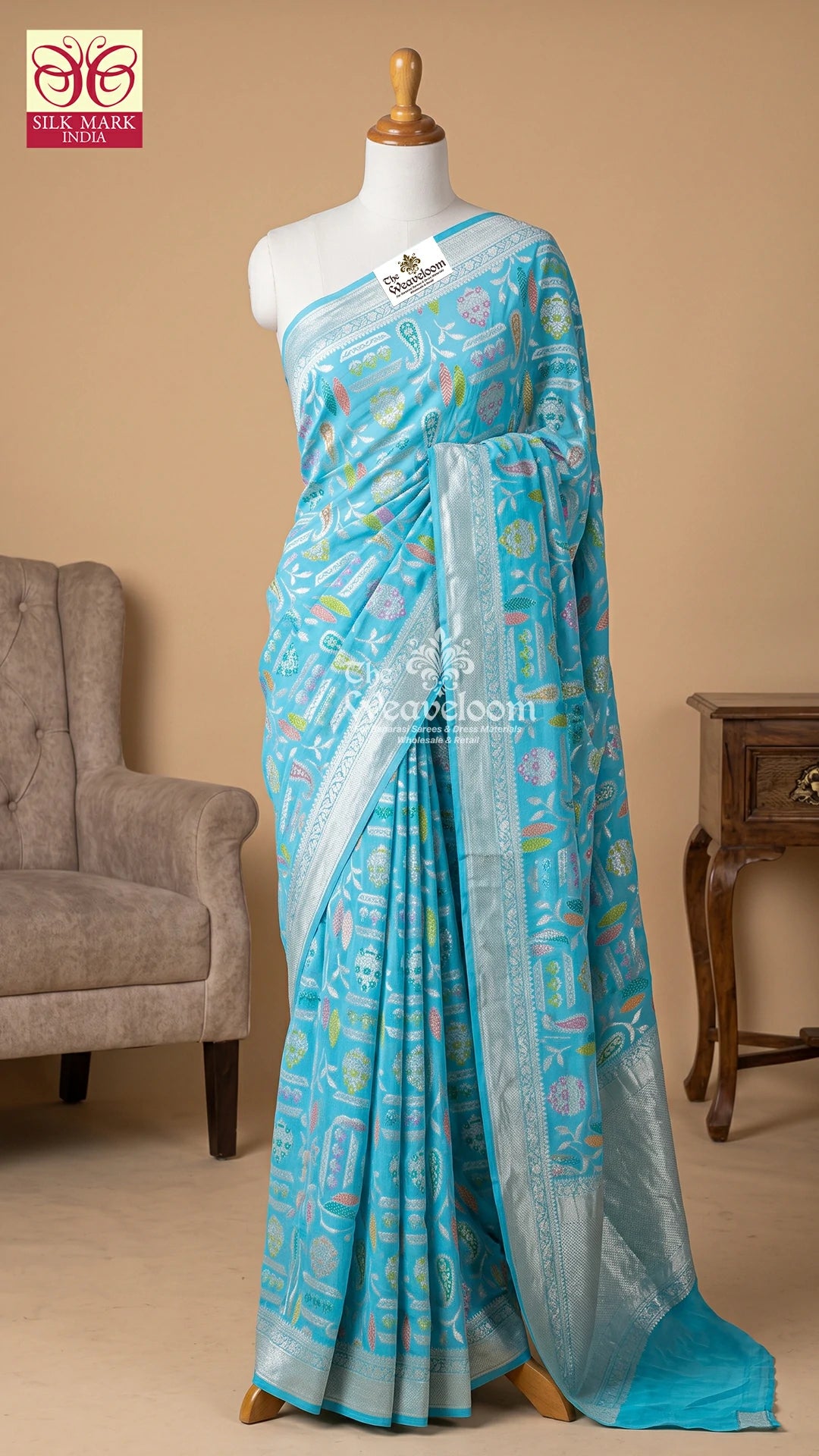 Firozi Meenakari Paisley Jaal Khaddi Georgette Pure Banarasi Saree by The Weaveloom