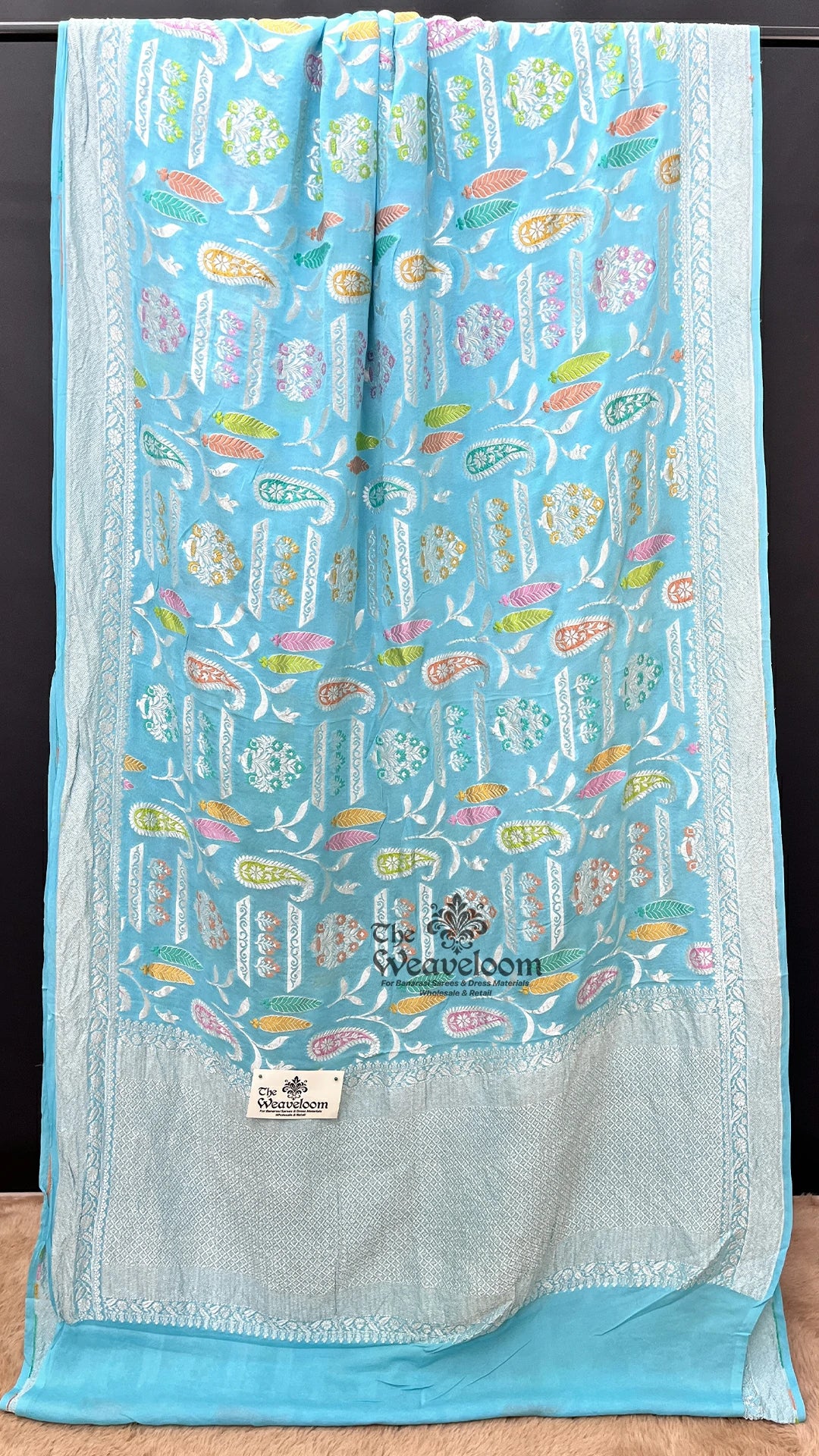 Firozi Meenakari Paisley Jaal Khaddi Georgette Pure Banarasi Saree by The Weaveloom