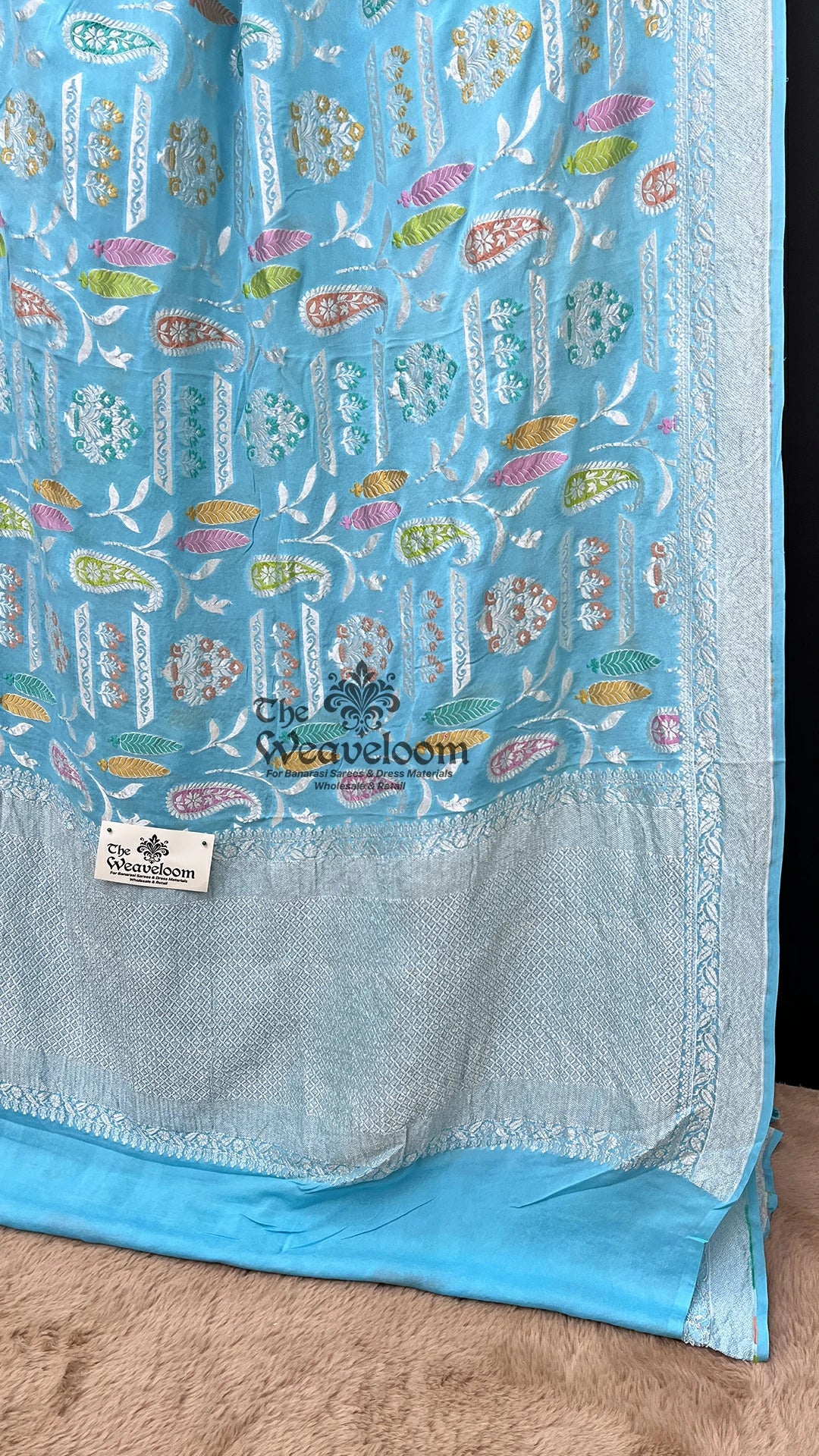 Firozi Meenakari Paisley Jaal Khaddi Georgette Pure Banarasi Saree by The Weaveloom