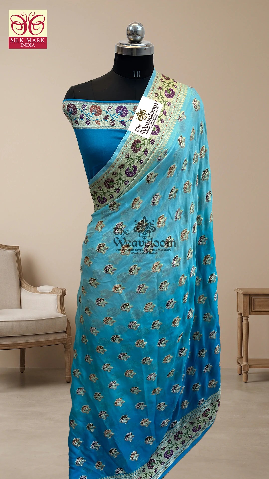 Firozi ombre meenakari buti crepe georgette pure Banarasi saree by The Weaveloom