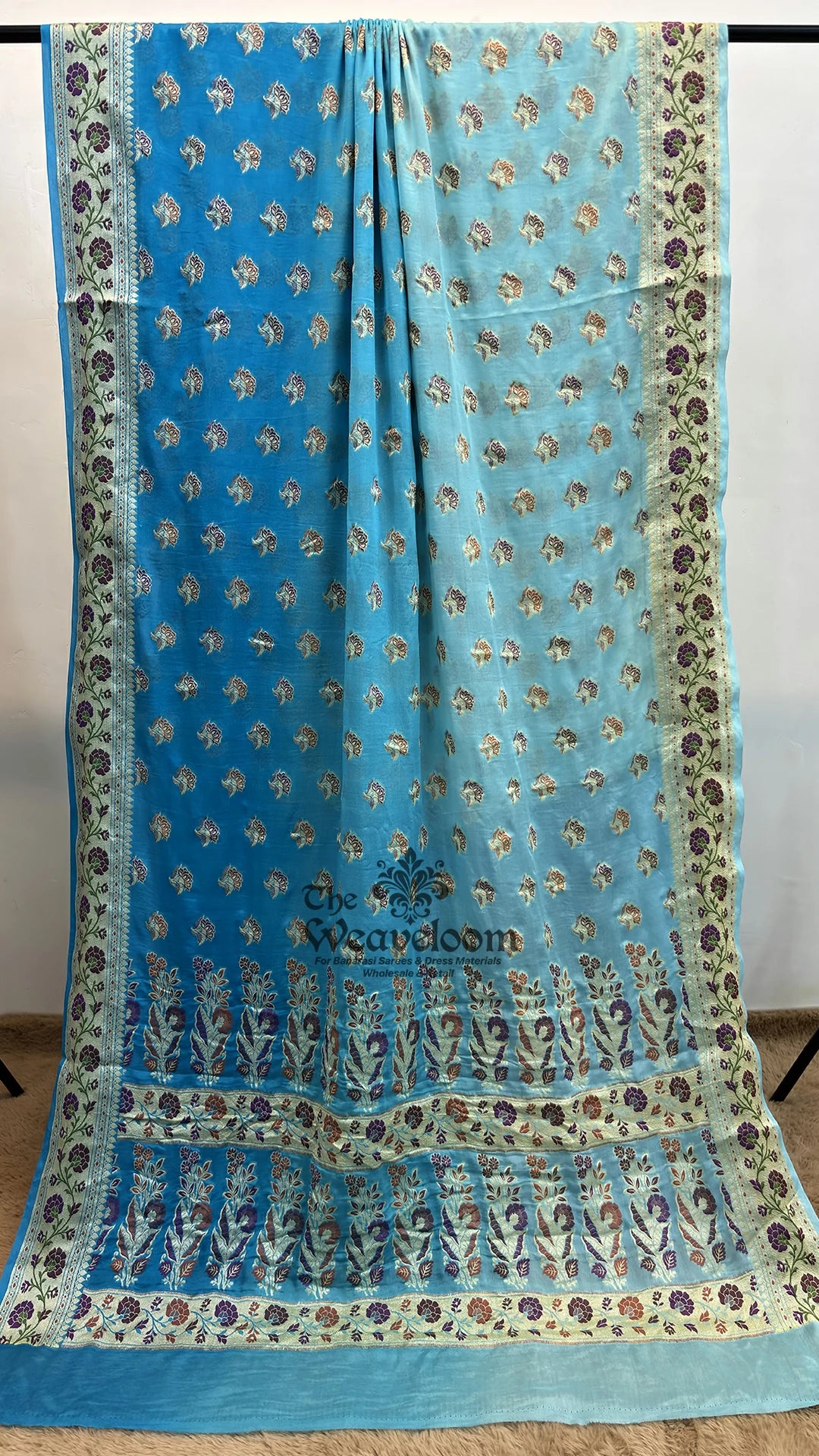 Firozi ombre meenakari buti crepe georgette pure Banarasi saree by The Weaveloom