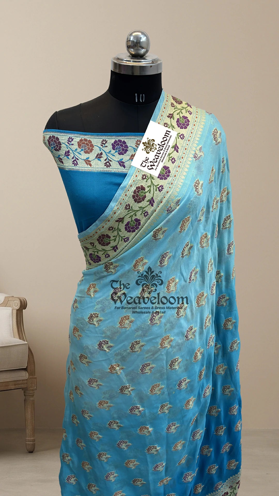 Firozi ombre meenakari buti crepe georgette pure Banarasi saree by The Weaveloom