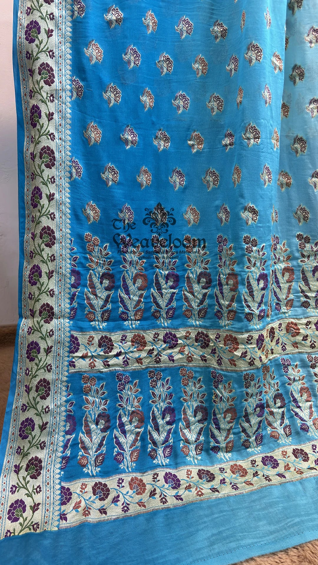 Firozi ombre meenakari buti crepe georgette pure Banarasi saree by The Weaveloom