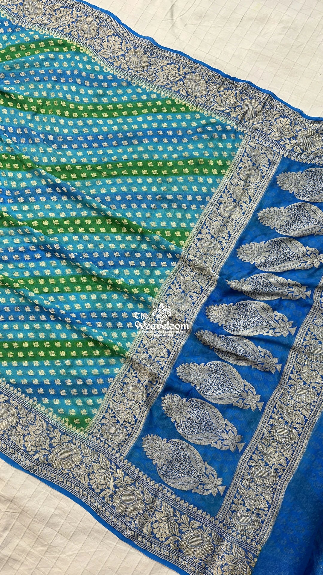 Firozi Rangkat Multicolor Crepe Georgette Pure Banarasi Saree with Floral Border
