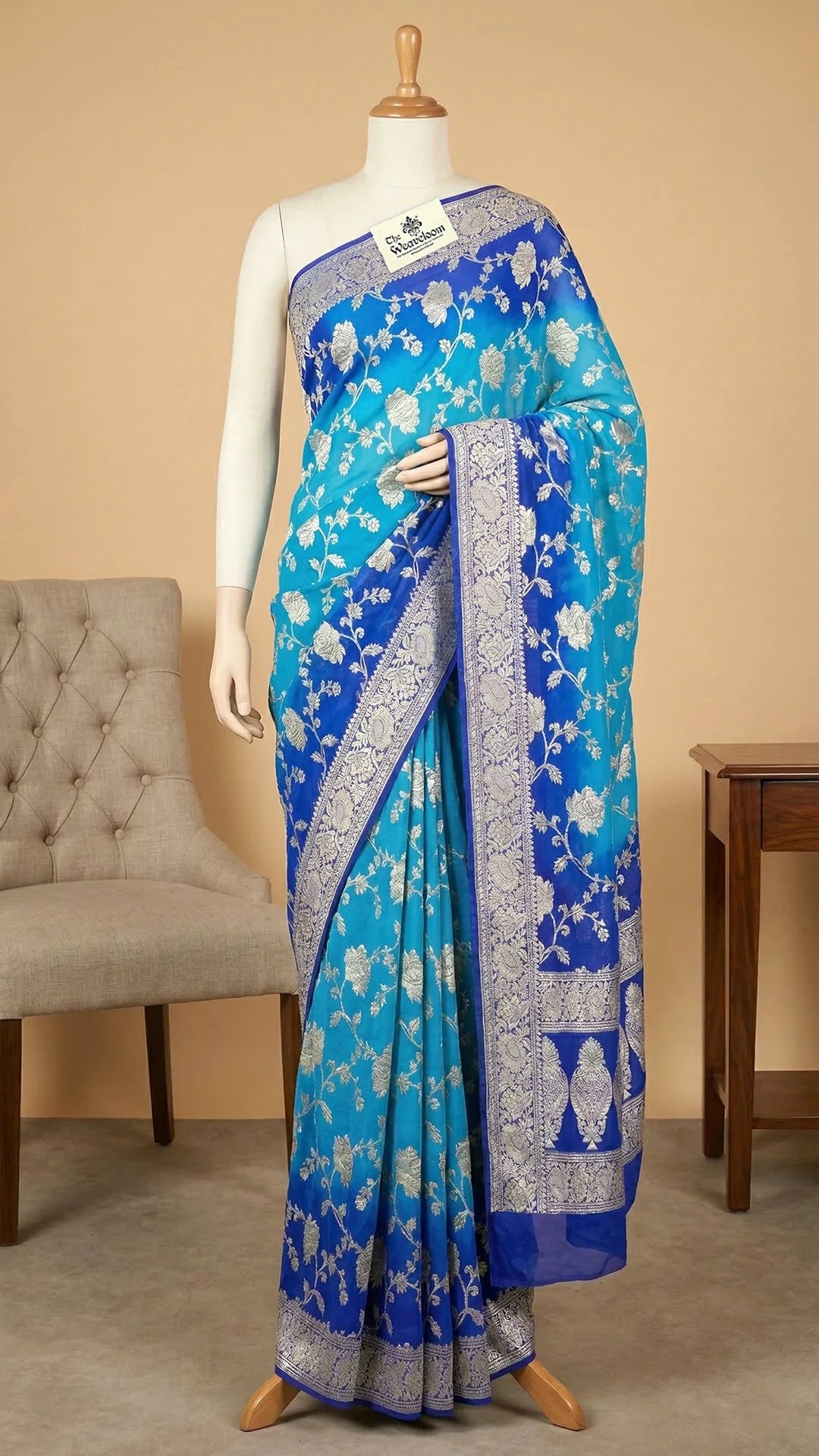 The Weaveloom Firozi Royal Blue Dual Color Crepe Georgette Banarasi Saree Golden Zari Jaal Work