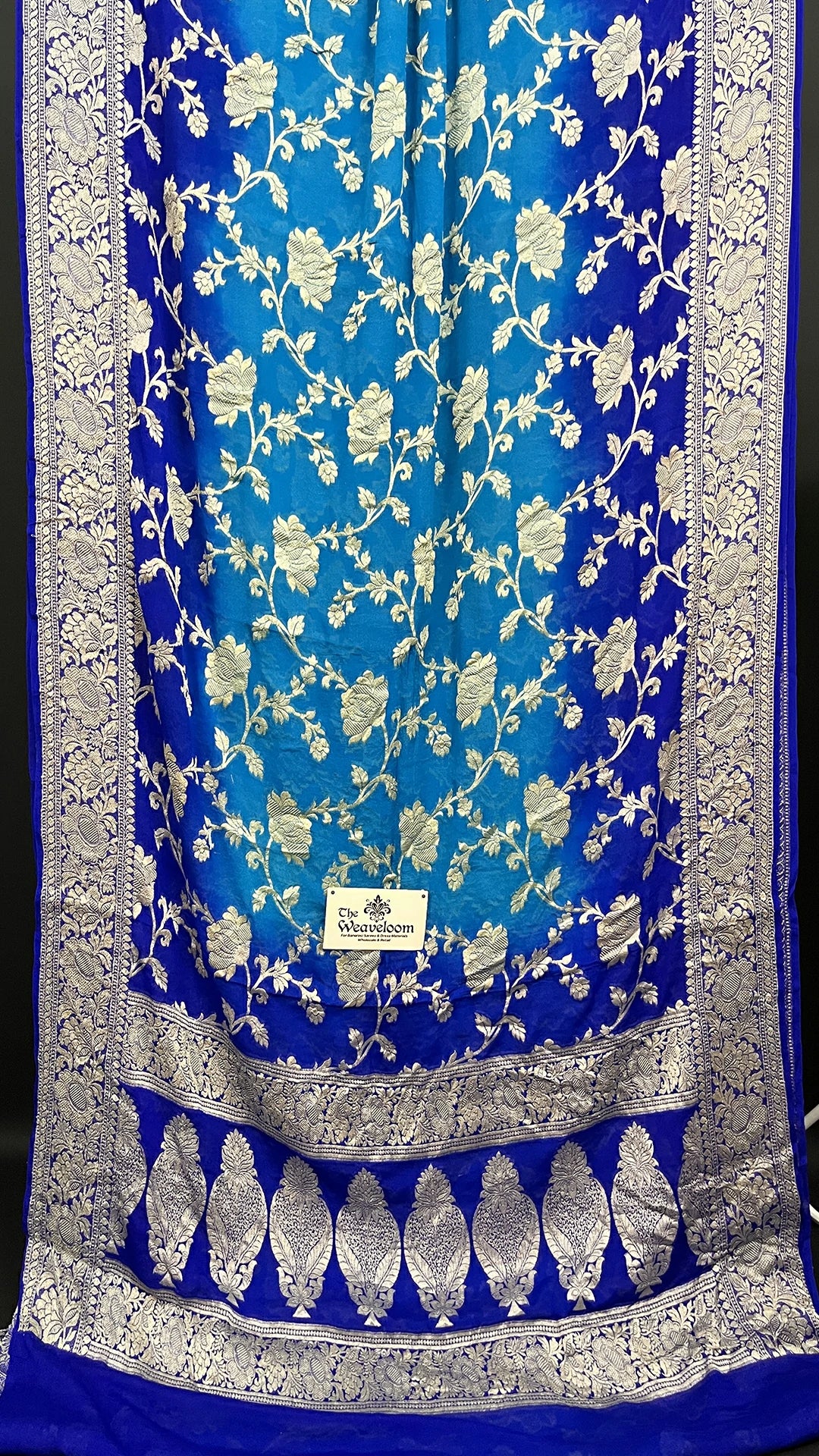 The Weaveloom Firozi Royal Blue Dual Color Crepe Georgette Banarasi Saree Golden Zari Jaal Work