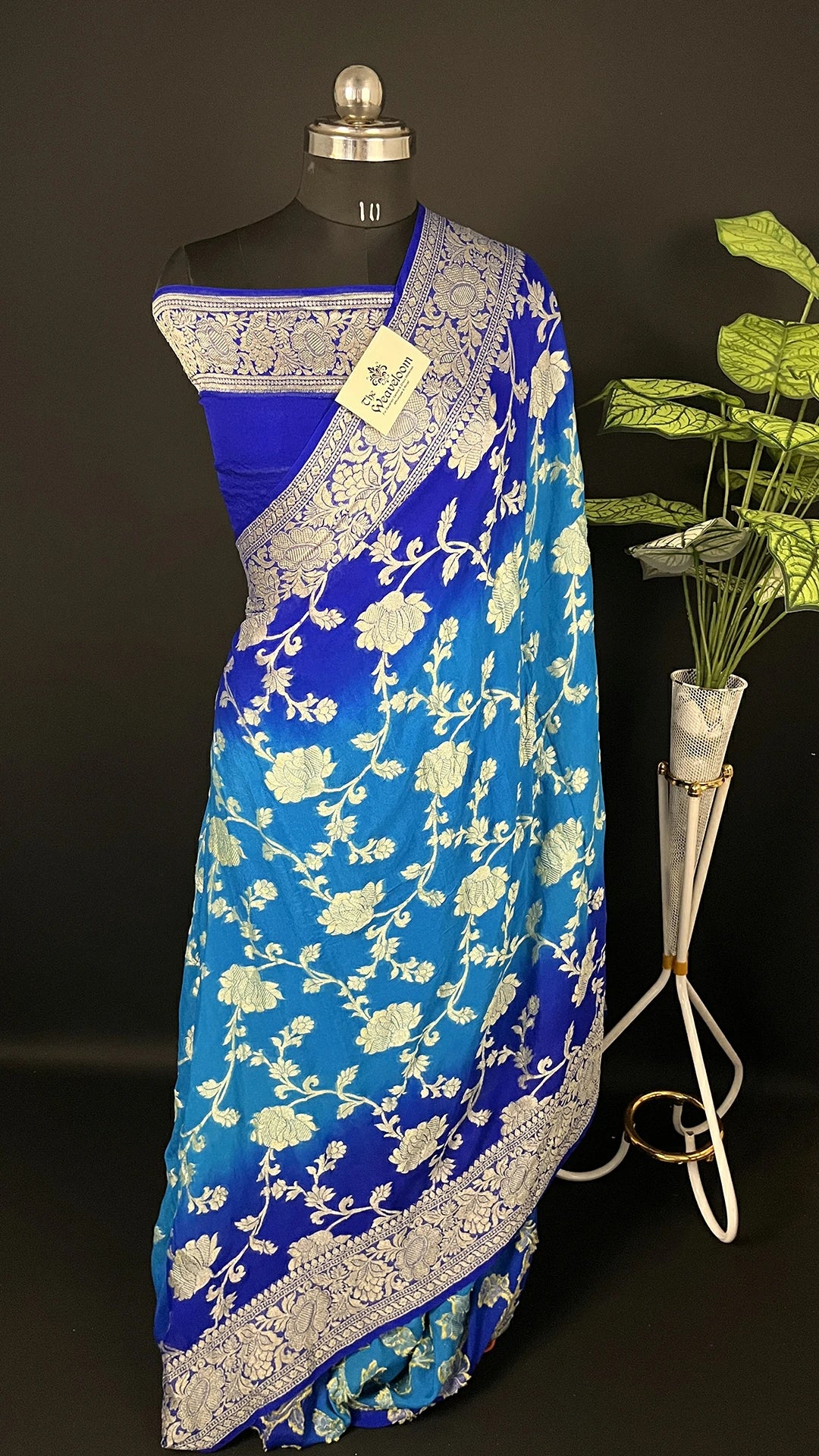 The Weaveloom Firozi Royal Blue Dual Color Crepe Georgette Banarasi Saree Golden Zari Jaal Work
