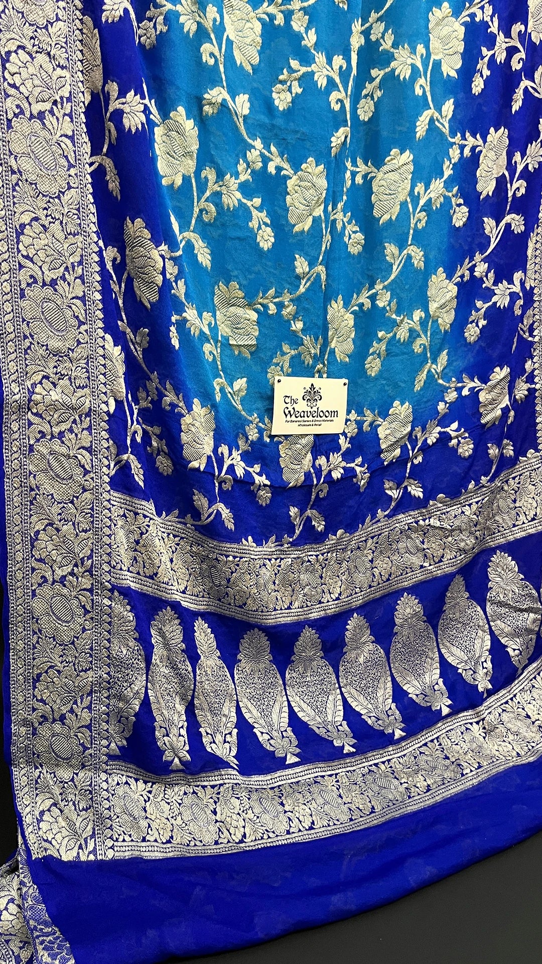 The Weaveloom Firozi Royal Blue Dual Color Crepe Georgette Banarasi Saree Golden Zari Jaal Work