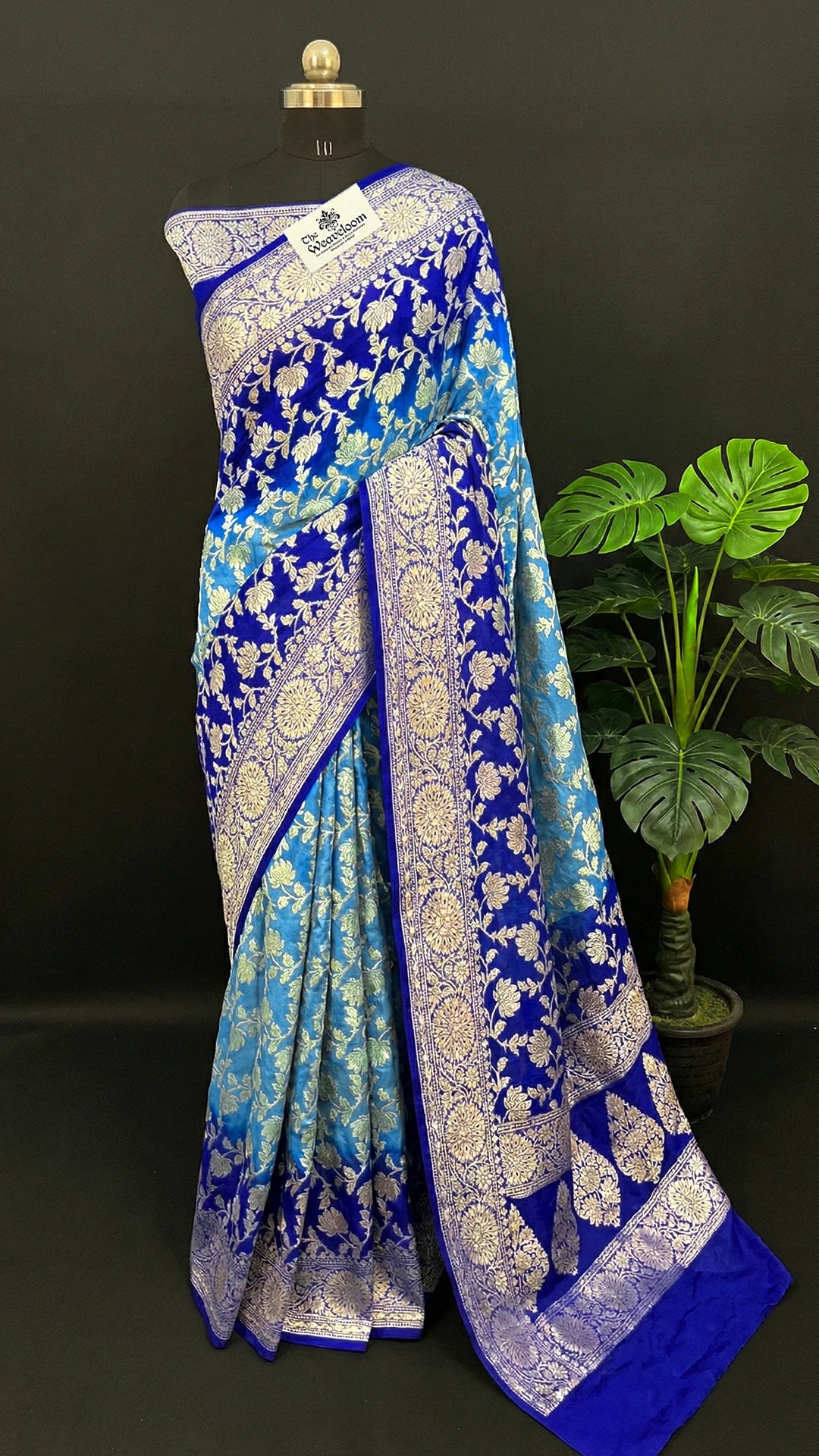 Firozi Royal Blue Dual Tone Pure Crepe Georgette Banarasi Saree with Golden Zari Floral Jaal – The Weaveloom